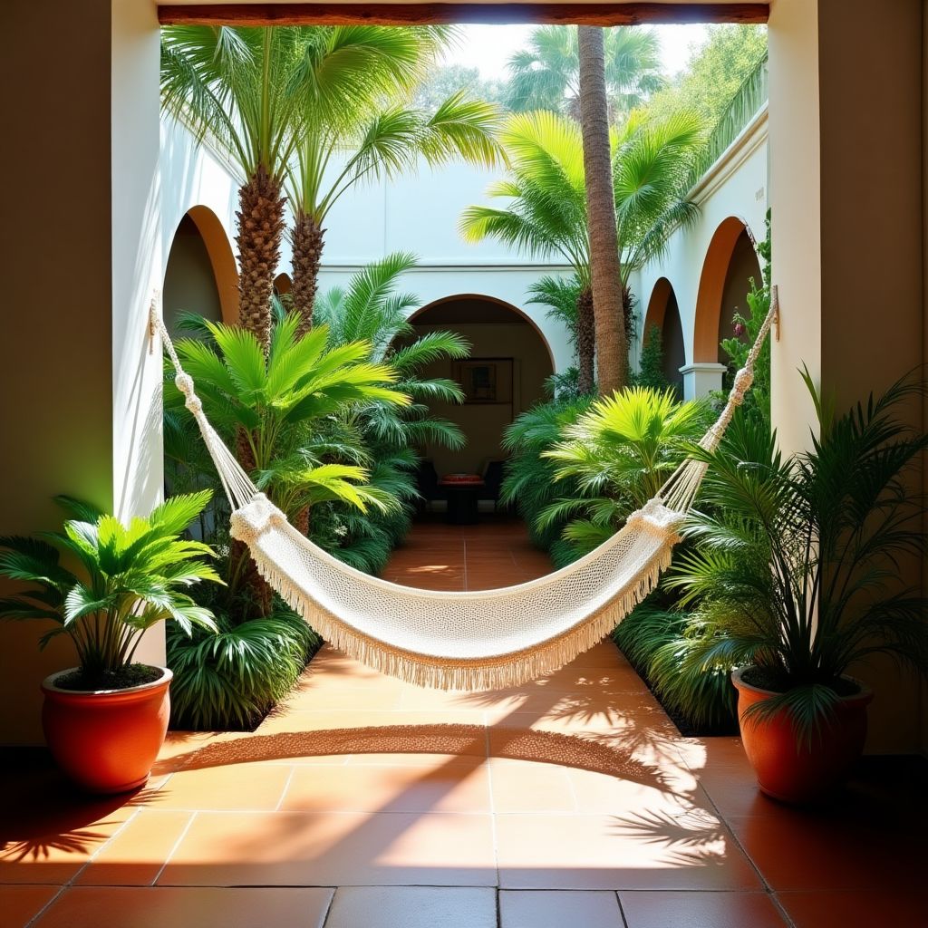 Vista interior de un patio con una hamaca y plantas tropicales