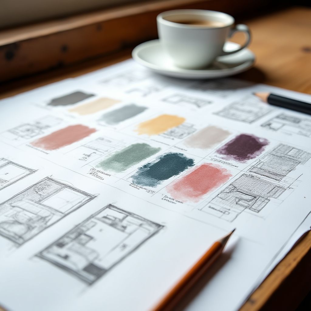 Bocetos de diseño de interiores sobre una mesa de madera rústica