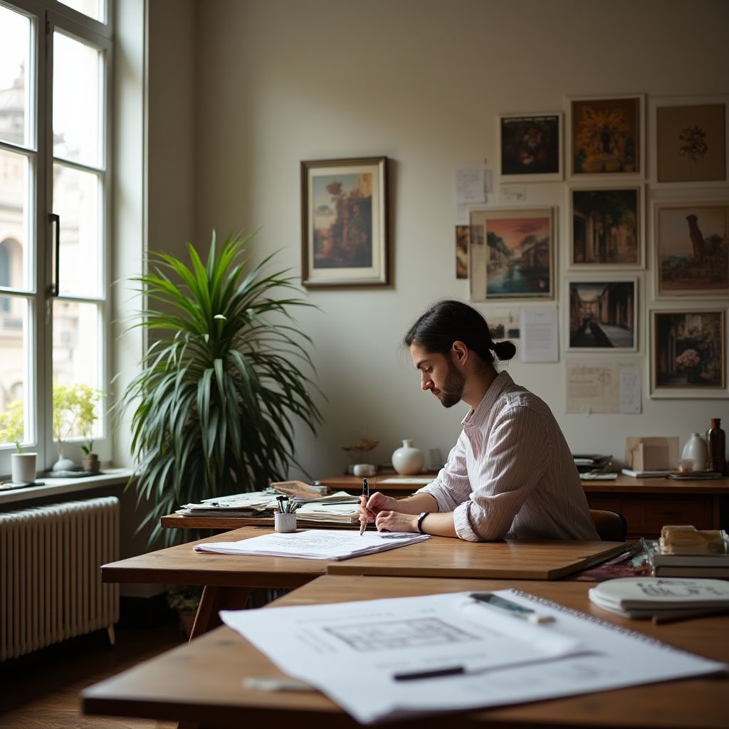 Diseñador de interiores trabajando en bocetos en un estudio con vistas coloniales