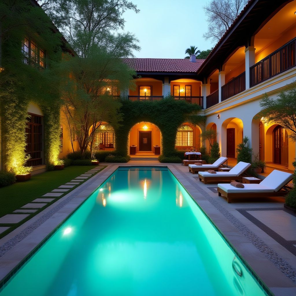 Patio colonial restaurado con piscina moderna