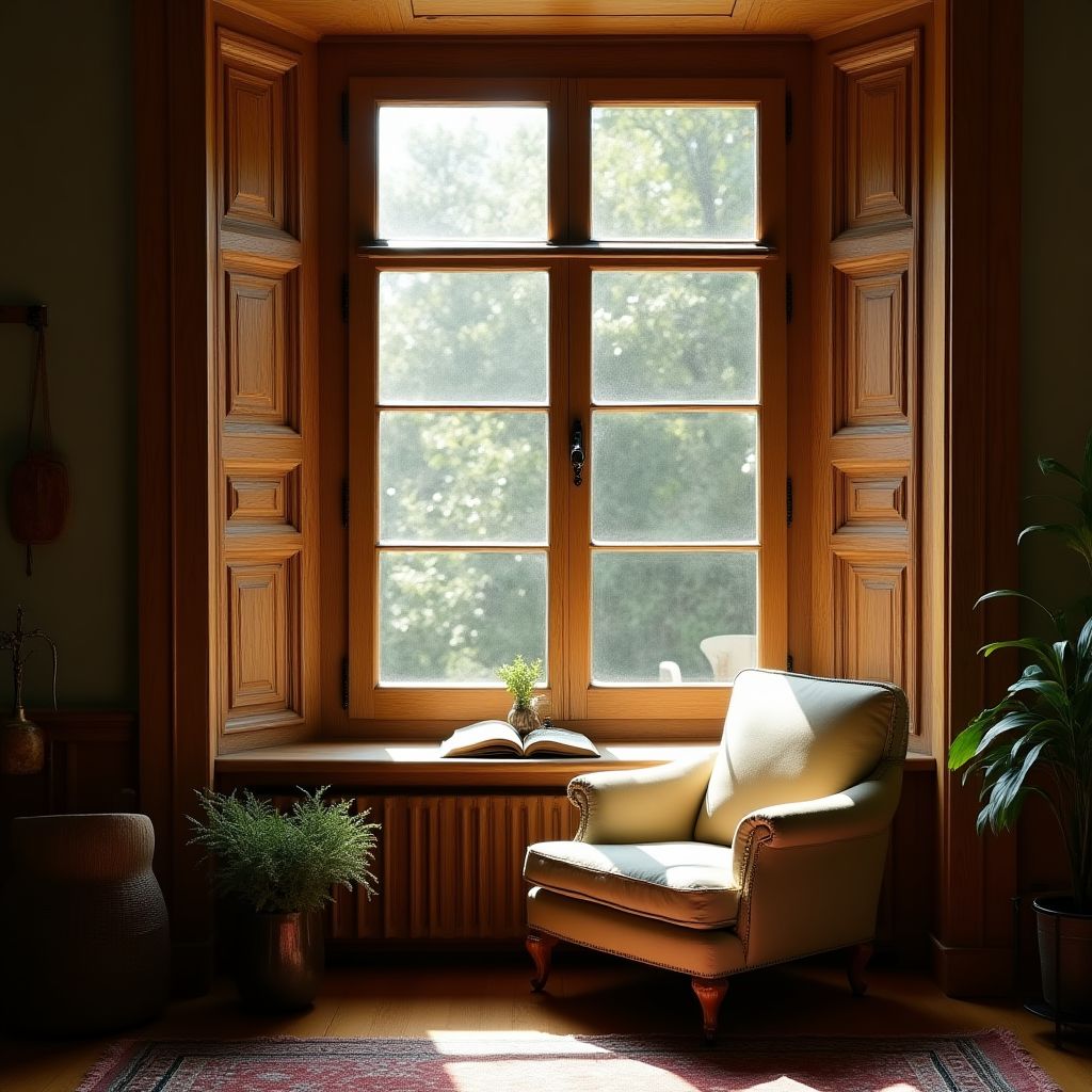 Rincón de lectura junto a una ventana colonial